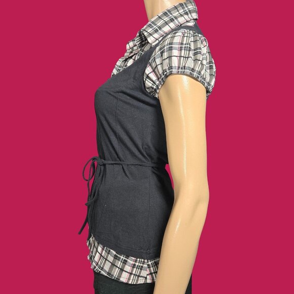 Y2K Button Up Blouse Top Size L Black White Plaid Short Sleeve Stretch Tie Back - Picture 3 of 9